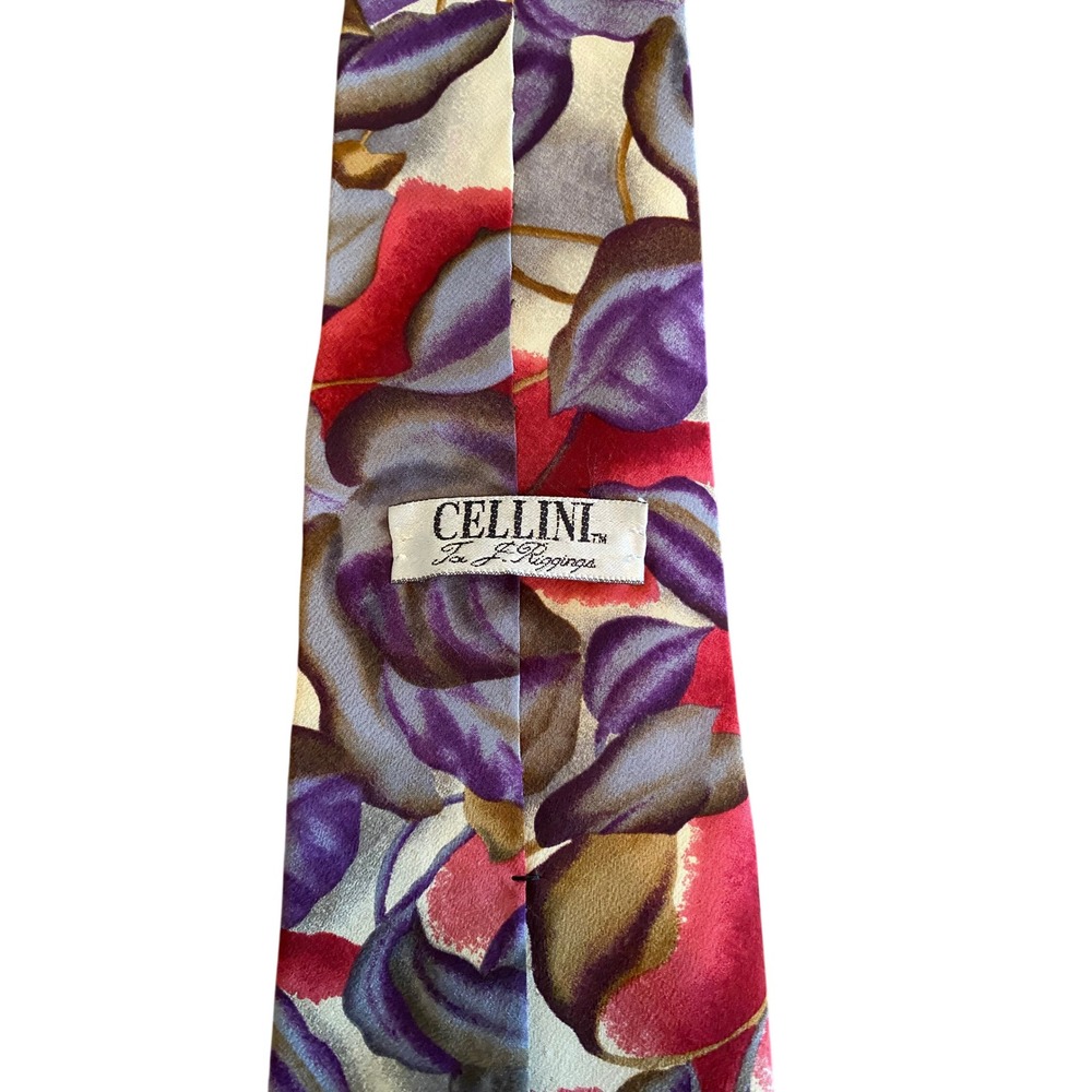 Cellini for J. Riggins Mens Silk Necktie Red Purple Abstract‎ Floral Made in USA